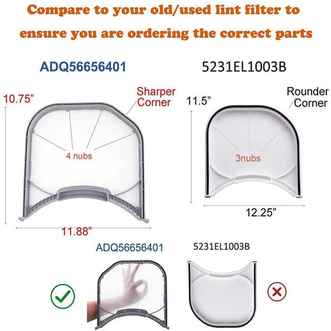 Comparison of Upgraded ADQ56656401 Dryer Lint Filter Replacement with 5231EL1003B model for DLE and DLEX Series