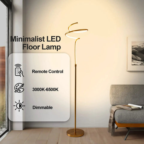 Modern Brass Spiral Floor Lamp With Remote Control, 63 Inch Tall LED 28W, 3 Color Temperatures, Stepless Dimming in living room
