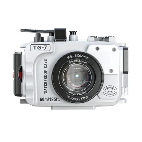 Front view of Underwater Housing For Olympus TG-7 With Red Filter, 60m Waterproof Case for Ocean Photography and Video.
