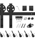 Heavy Duty Seven Point Five Foot Sliding Barn Door Hardware Kit black components with industrial bigwheel hangers for doors 42 to 45 inches