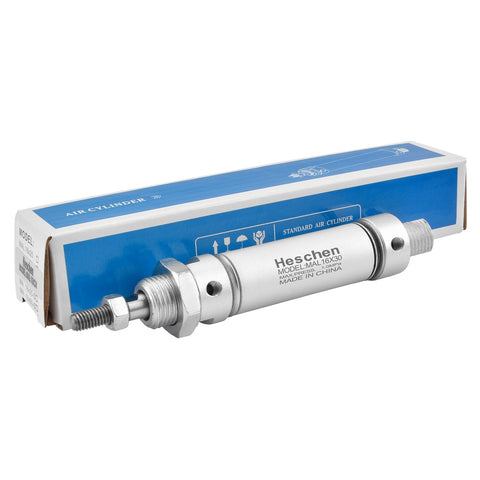 Slim Pneumatic Air Cylinder MAL 16 30 With M5 Port, 16mm Bore and 30mm Stroke, Double Acting, shown with box