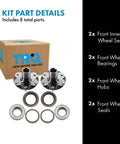 Front Wheel Bearing And Hub Kit With ABS Sensor For Toyota 4Runner Sequoia Tacoma Tundra 1995 2007 Replacement Kit Includes Front Bearings Hubs And Seals shown with box and parts