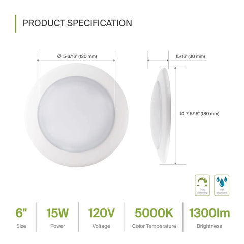12 Pack 6 Inch LED Disk Lights 15W 5000K Daylight 1300 Lumens CRI90 Plus Dimmable Flush Mount Ceiling Light Low Profile Surface Mount Disc For Quick Easy Install In Junction Box Or Recessed Can ETL Energy Star