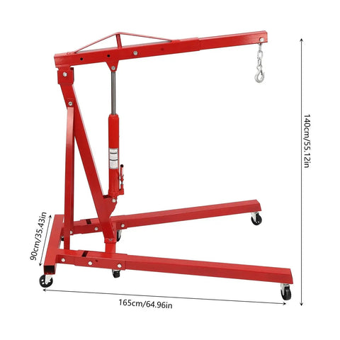 Professional Grade Heavy Duty Two Ton Hydraulic Engine Hoist Folding Cherry Picker Shop Crane, red frame with six rolling casters.