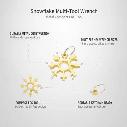 Snowflake-Shaped Compact Multi Tool Wrench for Eyewear, Bike, and Camping Repairs, showing metal hex key set and keychain clip.