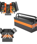 22-Inch Cantilever Tool Box With 5 Trays And 3 Layers, Handy Portable Metal Toolbox With Handle And Lock Holes, closed and open views