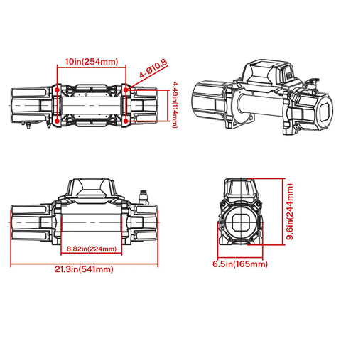 13,500 Pound Recovery Winch With 1/2 Inch Synthetic Rope For SUVs Trucks Jeeps And Off Road Recovery Heavy Duty 12V Electric Winch With High Torque Motor Dark Gray Built For Tough Trails Mud And Snow Recovery. dimensioned side and front views