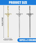 Six Piece Sword Letter Opener Set With Metal Mail Openers And Ergonomic Handles, shown in three colors with product size details.