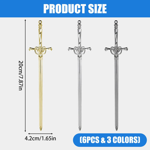 Six Piece Sword Letter Opener Set With Metal Mail Openers And Ergonomic Handles, shown in three colors with product size details.