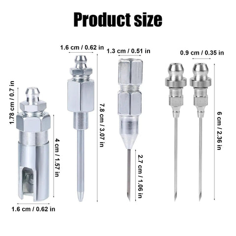 5 Piece Heavy Duty Pro Grade Grease Gun Needle Tip Kit with Hardened Steel Needles Dispenser Filling Nozzle and Fittings shown with size