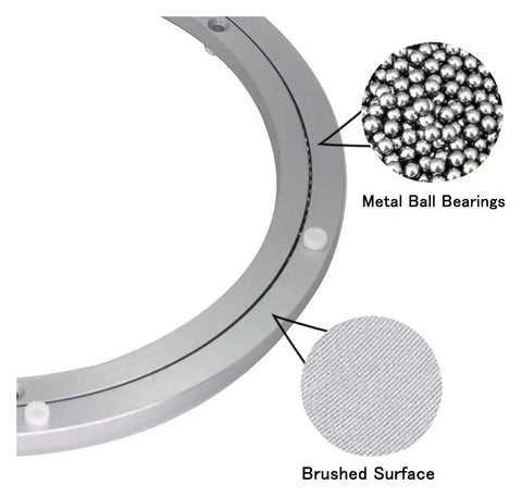 Close-up of 360 Degree Rotating Table Base Bearing With Smooth Swivel For Kitchen Dining Lazy Susan Heavy Duty Ball Bearing Built To Last 12 Inch Aluminum Alloy Construction showing metal ball bearings and brushed surface.