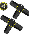 Heavy Duty 3 Way IP68 Waterproof Electrical Junction Boxes For Outdoor Wiring With Three Pin Cable Connectors, black plastic construction.