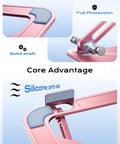 Close-up of pink adjustable laptop stand with metal foldable riser and silicone anti-slip pad for secure hold, fits 10-16 inch laptops.