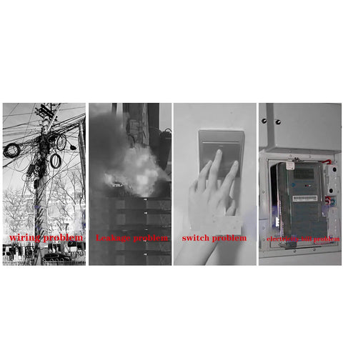 Image showing electrical issues: messy wiring on a pole, sparks, a hand on a switch, and an electrical panel.