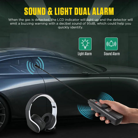 Side view of ultrasonic leak detector handheld unit with long probe and red button beside car, foldable headset nearby.
