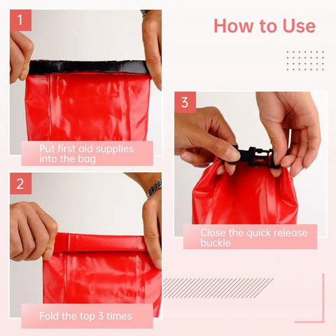 Rugged Outdoor Emergency Kit for Water Sports and Camping waterproof top roll case with buckles instructions