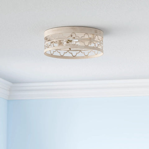 Semi Flush Mount Ceiling Light Fixture In Modern Farmhouse Style With Antique White Finish, Quatrefoil Drum Shade, 13 Inch