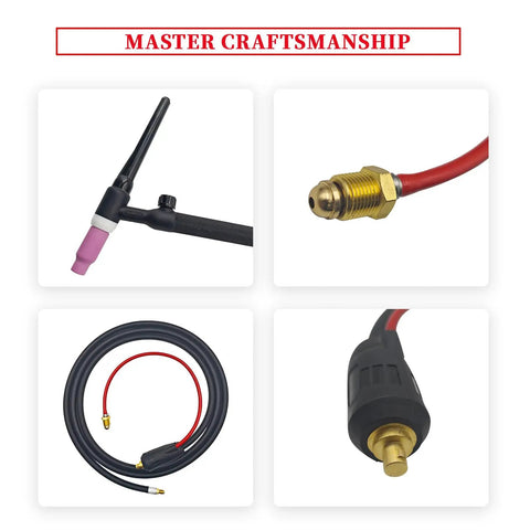 Close-up of TLg Torch Kit For 100A To 160A Welders with ceramic nozzles, red hose, and brass fittings, home welding tool.