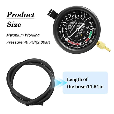 Heavy Duty Car Fuel Pump And Vacuum Tester Gauge Kit 9 Piece Shop Grade Troubleshooter For Carb System with black gauge and hose.