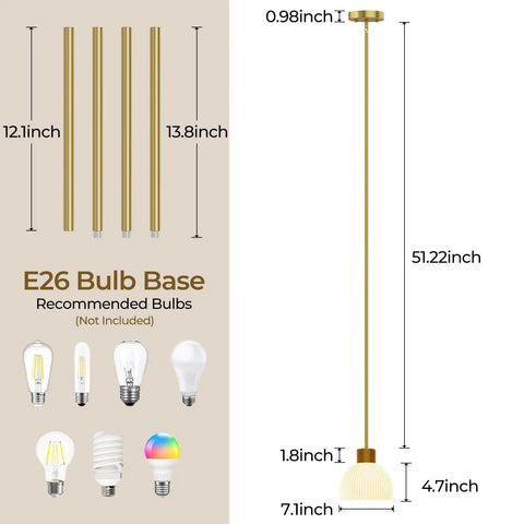 PRTILOUD Pendant Lights Kitchen Island dimensions and E26 bulb base with measurements for gold hanging light fixture in glass shade.