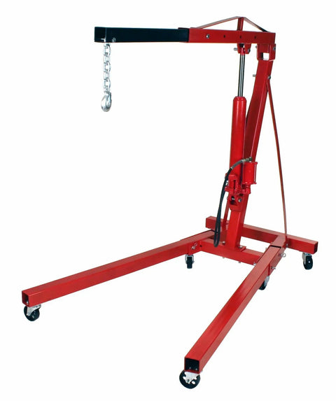 No Sweat Folding Air Hydraulic Engine Hoist Cherry Picker Shop Crane with red frame and solid steel casters for heavy lifting