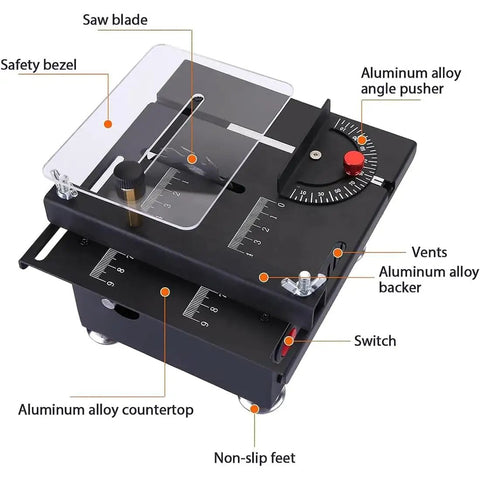 Top Shelf Mini Table Saw And Heavy Duty Portable Craft Station For Wood Cutting Sanding Engraving Drilling All In One Adjustable Desktop Power Tool with safety bezel and aluminum alloy components.