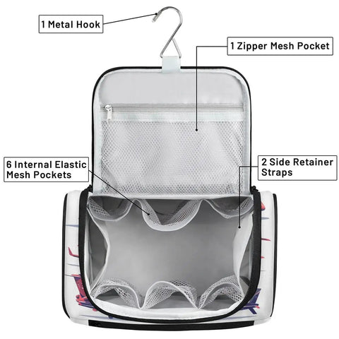 Open view of Aircraft Pattern Travel Toiletry Bag For Women And Men, Large Capacity 10.2 x 6.5 x 9.2 Inches with interior compartments.