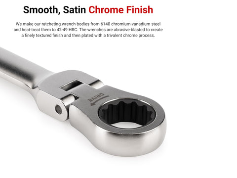 Close-up of 1/4 Inch Flex Head 12-Point Ratcheting Combination Wrench With 180 Degree Flex in satin chrome finish