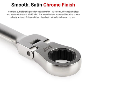 Close-up of Long Flex Head Ratcheting Box End Wrench Set with satin chrome finish, model WRB96201.
