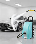 Heavy Duty Portable Steam Cleaner With Massive 3.5 Liter Tank And Lightning Fast 40 Second Heat Up To Crush Nasty Buildup Without Any Sweat In Kitchens Cars Or Local Shops Blue spraying steam on a silver car in a garage.