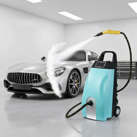 Heavy Duty Portable Steam Cleaner With Massive 3.5 Liter Tank And Lightning Fast 40 Second Heat Up To Crush Nasty Buildup Without Any Sweat In Kitchens Cars Or Local Shops Blue spraying steam on a silver car in a garage.