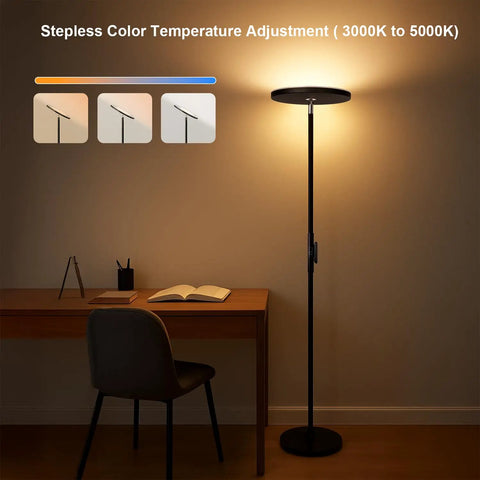 Sky LED Modern Torchiere Floor Lamp With Remote And Touch Control, Ultra Bright 30W 2400LM Tall Pole Light, 3 Color Temperatures, No Fuss Dimming, Ideal For Living Room Bedroom Office, Black Finish