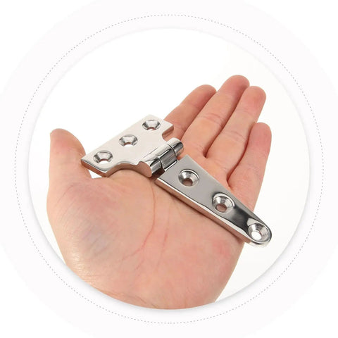 Heavy Hitter T Shaped Barn Door Hardware Stainless Steel Pivot Hinge held in hand, showcasing its robust design and mounting holes.