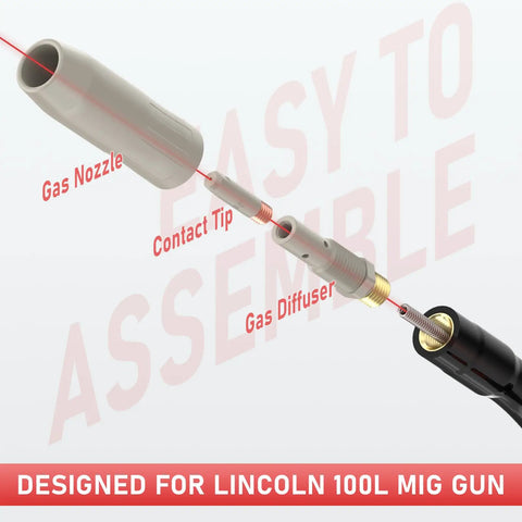 Exploded view of Lincoln Magnum 100L Compatible MIG Welding Gun Accessories Kit 24 Piece Set showing assembly parts