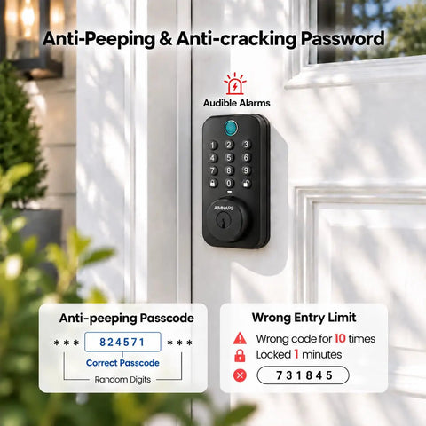 Lightning Fast Biometric Fingerprint Deadbolt with keypad, locking door, showcasing anti-peeping feature, in rich black.
