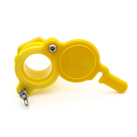 Two Pack Honey Gate Valves For Extractor, pro grade durable nylon tap in yellow with bee design, fits 5 gallon buckets for beekeeping.