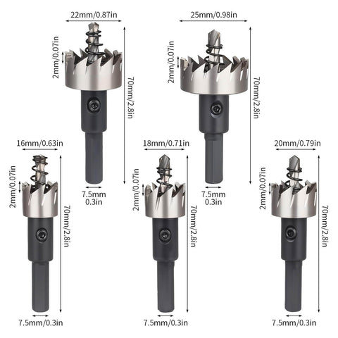 Front view: five-piece high-speed steel hole saw set with arbors; sizes 16–25 mm (5/8–1 in) with silver cutters and black shanks
