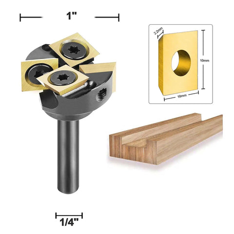 Knockout Heavy Duty Spoilboard Surfacing Router Bit With Carbide Inserts Ats Coating, 1 inch diameter, 1/4 inch shank for CNC planers.