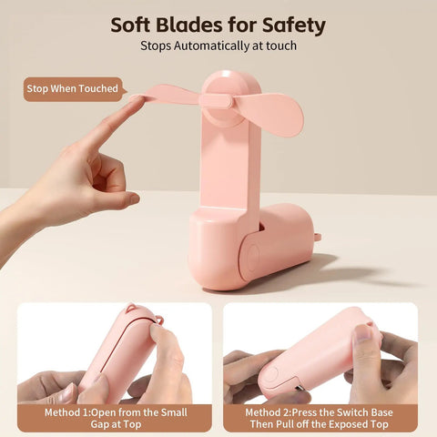 Soft blades of Portable Mini Handheld Fan With USB Rechargeable Power Bank And Built In LED Flashlight Foldable Pocket Cooling Fan