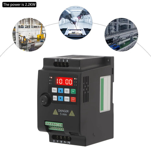 Front view of Rock Solid Variable Frequency Drive VFD Inverter for CNC Spindle Motor, 2.2KW, showing control panel display