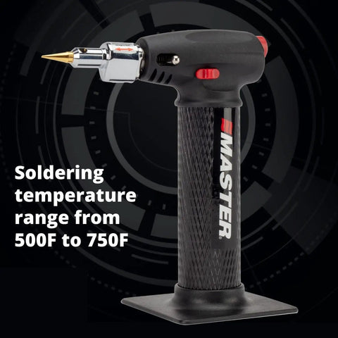 Butane Micro Torch Kit With Adjustable Flame Flameless Heat Tool Soldering Iron And Hot Knife Handheld Torch For Do It Yourself Pros Refillable With Butane Fuel Case Included And Attachments, black torch with soldering temperature range from 500F to 750F, displayed on a black background.