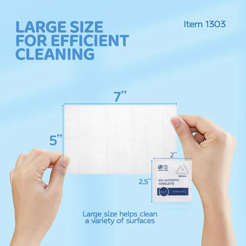 Person holding large BZK Antiseptic Towelettes Sterile Alcohol Free Fragrance Free Gentle Clean For Minor Wounds No Fuss 5 by 7 inch towelette