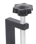 Close-up of Heavy Duty 4 Piece Woodworking C Clamp with black knob and threaded screw for DIY projects and workshop tasks.
