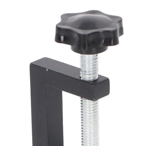Close-up of Heavy Duty 4 Piece Woodworking C Clamp with black knob and threaded screw for DIY projects and workshop tasks.