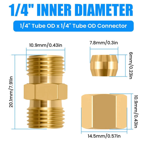 4-pack brass compression fittings, 1/4 in tube OD to 1/4 in tube OD ice maker water line connectors for refrigerator and plumbing