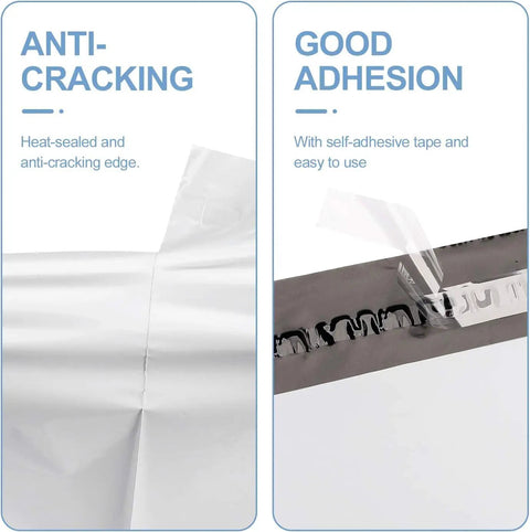 Close-up of 12x15.5 White Poly Mailers Bulk Pack 500 Self Adhesive Shipping Envelopes showing anti-cracking and good adhesion features