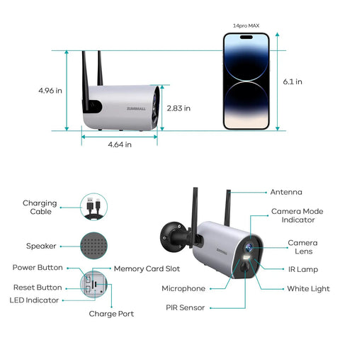 Dimensions and features of 2K Wireless Outdoor Security Cam Battery Powered No Fuss With 2 Way Audio Color Night Vision IP66 Waterproof