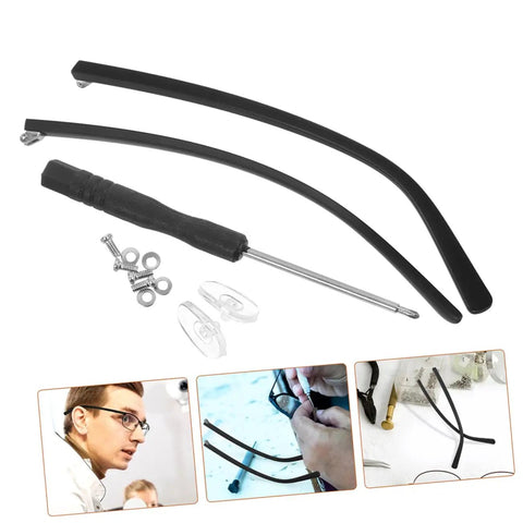 2 Pairs Spectacle Temple Replacement Arms For A Comfortable Fit And No Sweat Install Durable Design For Quick Eyewear Repairs Universal Metal Eyeglass Temple Replacements For Most Glasses showing black metal arms with screws and clear nose pads.