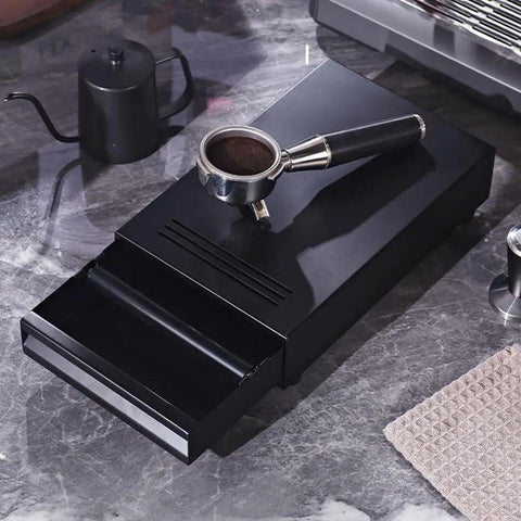 Espresso Knock Box Drawer For Coffee Grounds Storage And Dump Slide Out Bin on counter next to kettle and tamper