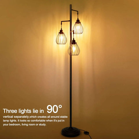 Industrial Tree Floor Lamp With Three Teardrop Cage Heads And ST58 Edison LED Bulbs, Tall Vintage Pole Light With Sturdy Base in warm lighting